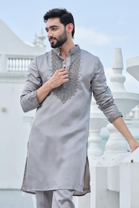 Darzi House Gray Silk Embroidery, Beads, Metallic Thread Steel Grey Opulence Kurta Set at Aza Fashions Darzi House_Gray Silk Embroidery, Beads, Metallic Thread Steel Grey Opulence Kurta Set _at_Aza_Fashions