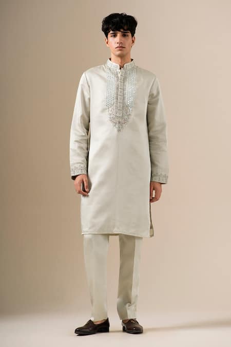 Darzi House Green Silk Embroidery, Mirrors, Zari Sage Jardin Placket Kurta Set Online at Aza Fashions Darzi House_Green Silk Embroidery, Mirrors, Zari Sage Jardin Placket Kurta Set _Online_at_Aza_Fashions