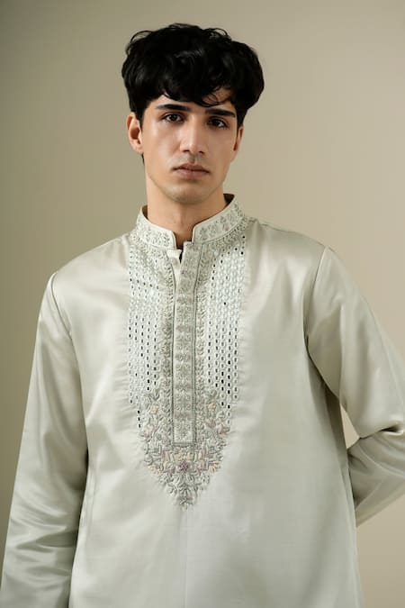 Buy Darzi House Green Silk Embroidery, Mirrors, Zari Sage Jardin Placket Kurta Set Online at Aza Fashions Buy_Darzi House_Green Silk Embroidery, Mirrors, Zari Sage Jardin Placket Kurta Set _Online_at_Aza_Fashions