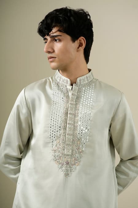 Shop Darzi House Green Silk Embroidery, Mirrors, Zari Sage Jardin Placket Kurta Set Online at Aza Fashions Shop_Darzi House_Green Silk Embroidery, Mirrors, Zari Sage Jardin Placket Kurta Set _Online_at_Aza_Fashions