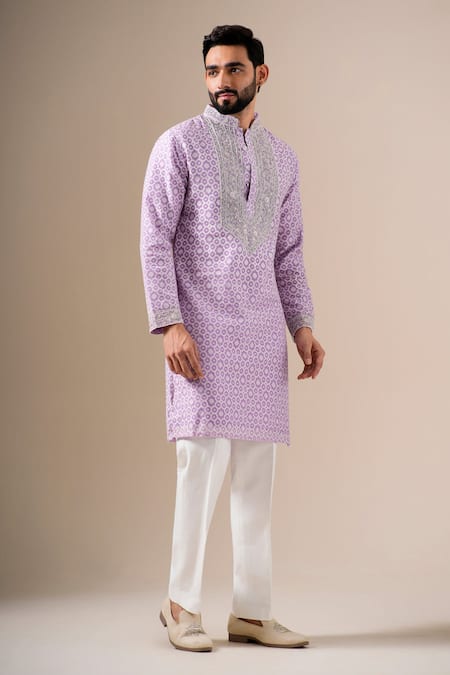Darzi House Lavender Cotton, Jacquard Embroidery, Beads, Zari Petals And Printed Kurta Set Online at Aza Fashions Darzi House_Lavender Cotton, Jacquard Embroidery, Beads, Zari Petals And Printed Kurta Set _Online_at_Aza_Fashions