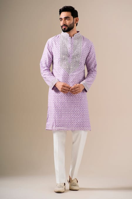 Darzi House Lavender Cotton, Jacquard Embroidery, Beads, Zari Petals And Printed Kurta Set at Aza Fashions Darzi House_Lavender Cotton, Jacquard Embroidery, Beads, Zari Petals And Printed Kurta Set _at_Aza_Fashions
