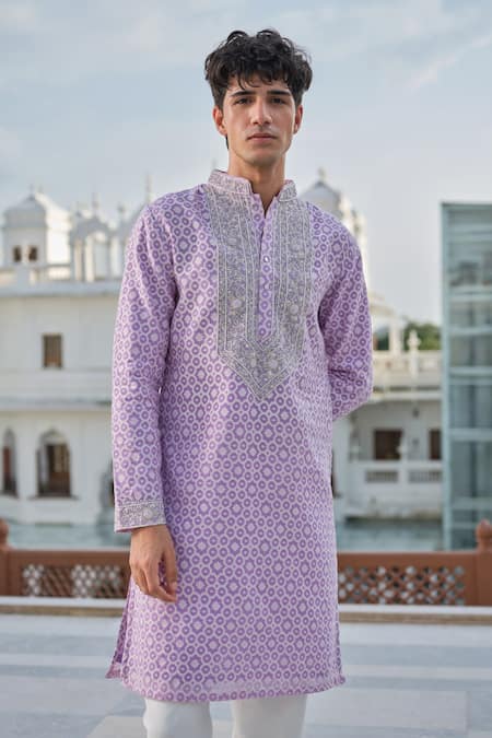 Shop Darzi House Lavender Cotton, Jacquard Embroidery, Beads, Zari Petals And Printed Kurta Set Shop_Darzi House_Lavender Cotton, Jacquard Embroidery, Beads, Zari Petals And Printed Kurta Set
