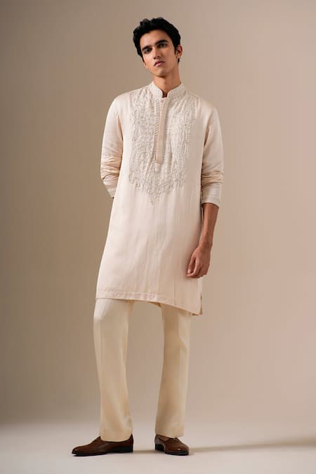 Darzi House Beige Linen, Satin Embroidery, Pearls Mughal Elan Kurta Set Online at Aza Fashions Darzi House_Beige Linen, Satin Embroidery, Pearls Mughal Elan Kurta Set _Online_at_Aza_Fashions