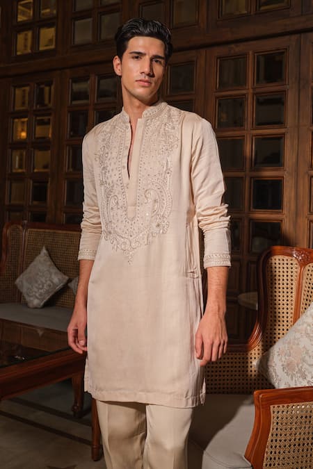 Shop Darzi House Beige Linen, Satin Embroidery, Pearls Mughal Elan Kurta Set Online at Aza Fashions Shop_Darzi House_Beige Linen, Satin Embroidery, Pearls Mughal Elan Kurta Set _Online_at_Aza_Fashions
