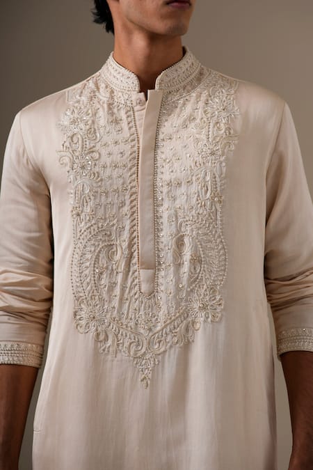 Darzi House Beige Linen, Satin Embroidery, Pearls Mughal Elan Kurta Set at Aza Fashions Darzi House_Beige Linen, Satin Embroidery, Pearls Mughal Elan Kurta Set _at_Aza_Fashions