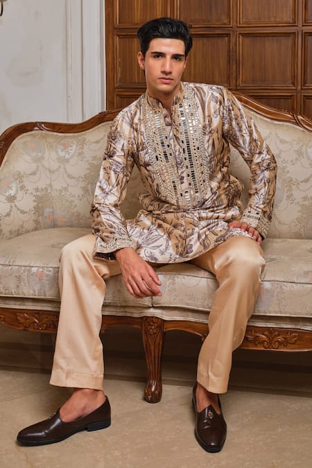 Darzi House Beige Modal Mirrors, Foil Printing Reflections In Bloom Printed Kurta Set Online at Aza Fashions Darzi House_Beige Modal Mirrors, Foil Printing Reflections In Bloom Printed Kurta Set _Online_at_Aza_Fashions
