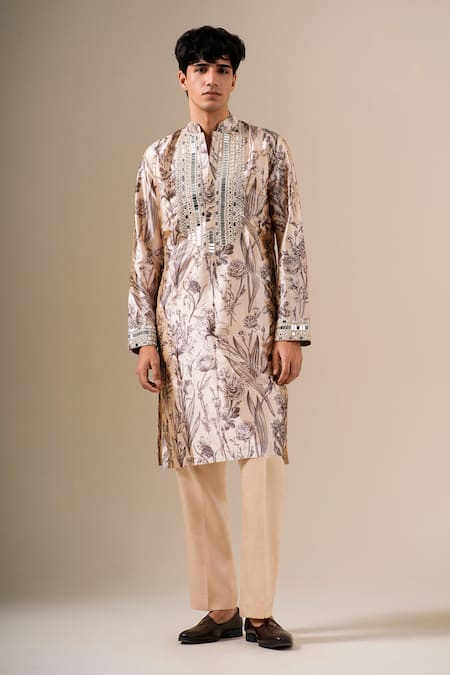 Shop Darzi House Beige Modal Mirrors, Foil Printing Reflections In Bloom Printed Kurta Set Online at Aza Fashions Shop_Darzi House_Beige Modal Mirrors, Foil Printing Reflections In Bloom Printed Kurta Set _Online_at_Aza_Fashions