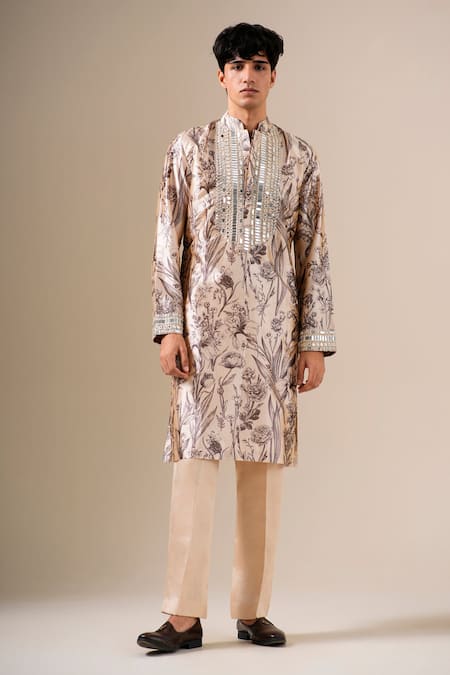 Darzi House Beige Modal Mirrors, Foil Printing Reflections In Bloom Printed Kurta Set at Aza Fashions Darzi House_Beige Modal Mirrors, Foil Printing Reflections In Bloom Printed Kurta Set _at_Aza_Fashions
