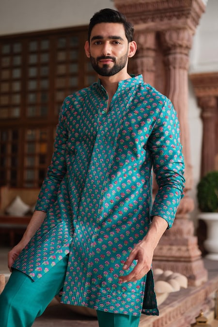 Darzi House Green Chanderi Cotton Beads, Sequins Teal Garden Kurta Set at Aza Fashions Darzi House_Green Chanderi Cotton Beads, Sequins Teal Garden Kurta Set _at_Aza_Fashions