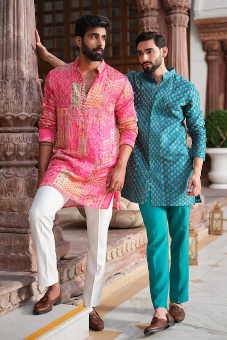 Shop Darzi House Green Chanderi Cotton Beads, Sequins Teal Garden Kurta Set Shop_Darzi House_Green Chanderi Cotton Beads, Sequins Teal Garden Kurta Set