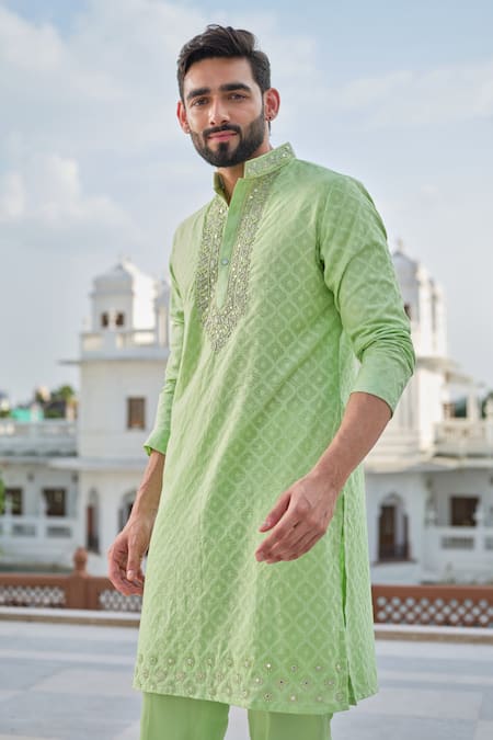 Buy Darzi House Green Chanderi, Jacquard Zari, Beads, Mirrors, Spring Aura Printed Kurta Set Online at Aza Fashions Buy_Darzi House_Green Chanderi, Jacquard Zari, Beads, Mirrors, Spring Aura Printed Kurta Set _Online_at_Aza_Fashions