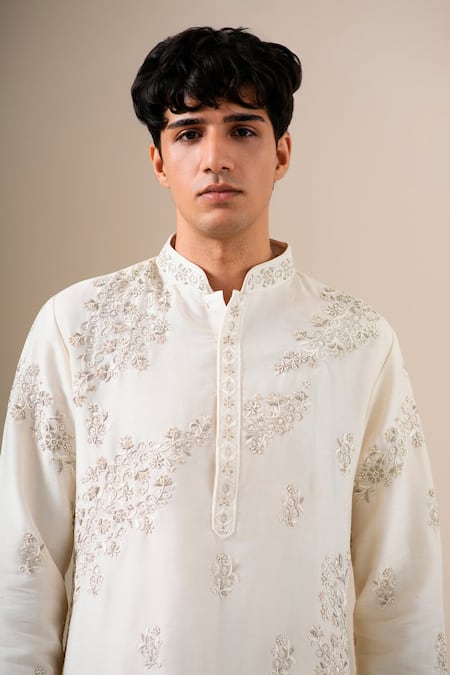 Darzi House Ivory Silk Embroidery, Beads Whispering Kurta Set at Aza Fashions Darzi House_Ivory Silk Embroidery, Beads Whispering Kurta Set _at_Aza_Fashions