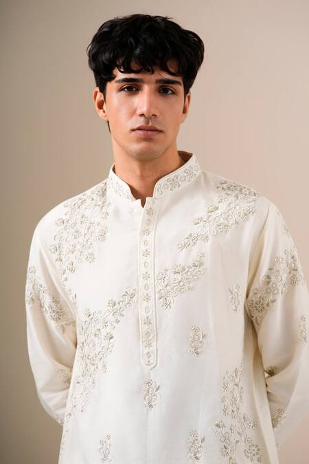 Shop Darzi House Ivory Silk Embroidery, Beads Whispering Kurta Set Shop_Darzi House_Ivory Silk Embroidery, Beads Whispering Kurta Set