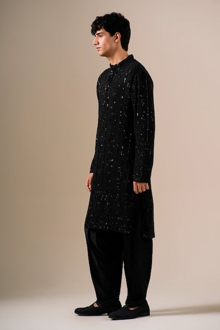 Darzi House Black Georgette Sequins, Beads, Midnight Embroidered Kurta Patiyala Set Online at Aza Fashions Darzi House_Black Georgette Sequins, Beads, Midnight Embroidered Kurta Patiyala Set _Online_at_Aza_Fashions