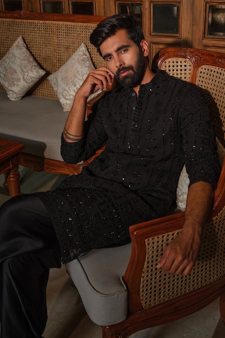 Darzi House Black Georgette Sequins, Beads, Midnight Embroidered Kurta Patiyala Set at Aza Fashions Darzi House_Black Georgette Sequins, Beads, Midnight Embroidered Kurta Patiyala Set _at_Aza_Fashions