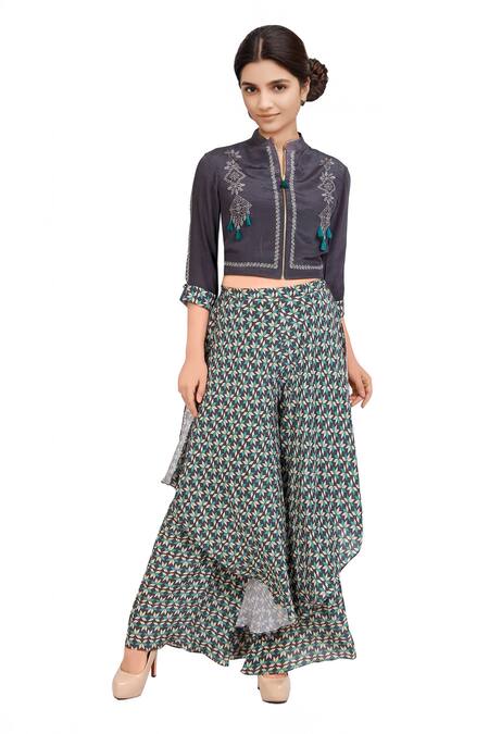 Soup By Sougat Paul Grey Crepe Floral Print Band Collar Charcoal Jacket And Double Layer Pants 