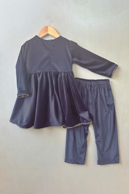 Shop Label Neeti Blue Velvet, Cotton Geometric Applique Kurta Set at Aza Fashions Shop_Label Neeti_Blue Velvet, Cotton Geometric Applique Kurta Set _at_Aza_Fashions