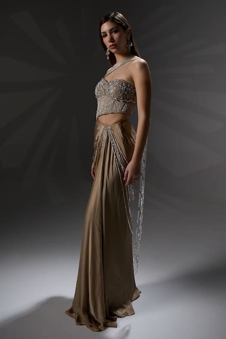 Jade By Ashima_Gold Organza, Shantoon Tassels, Beads, Embroidery Alice Draped Saree With Blouse _Online_at_Aza_Fashions