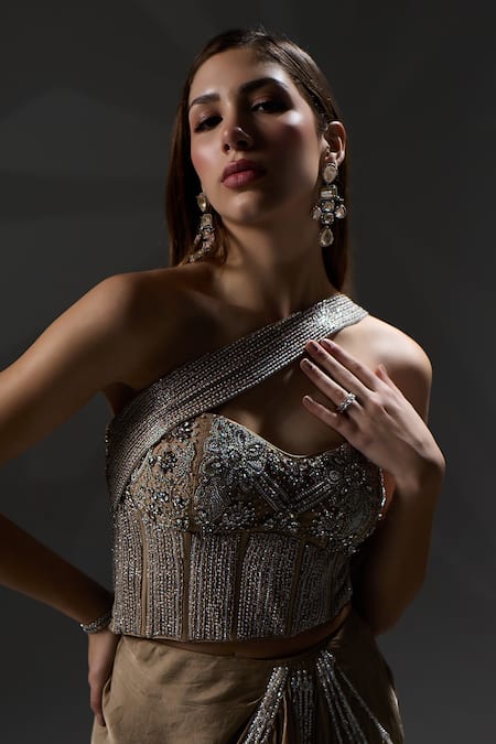 Buy_Jade By Ashima_Gold Organza, Shantoon Tassels, Beads, Embroidery Alice Draped Saree With Blouse _Online_at_Aza_Fashions