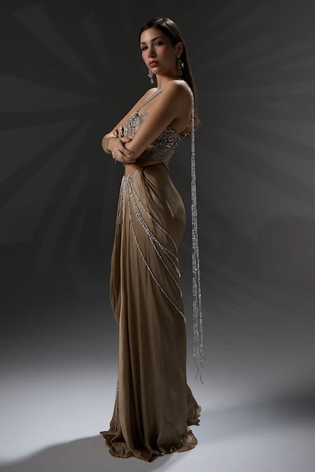 Shop_Jade By Ashima_Gold Organza, Shantoon Tassels, Beads, Embroidery Alice Draped Saree With Blouse _Online_at_Aza_Fashions