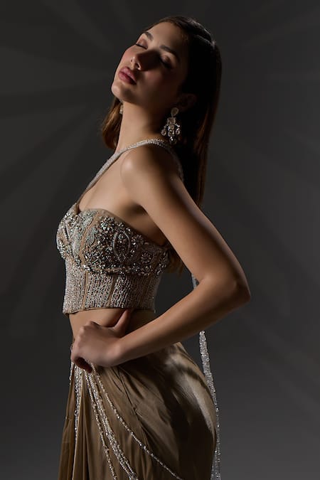 Jade By Ashima_Gold Organza, Shantoon Tassels, Beads, Embroidery Alice Draped Saree With Blouse _at_Aza_Fashions