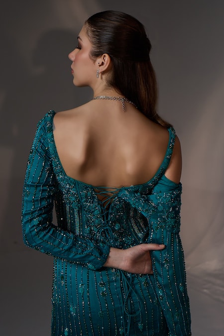 Jade By Ashima_Green Satin, Shantoon Beads, Sequins, Embroidery Sweetheart Aster Fish Cut Gown _Online_at_Aza_Fashions