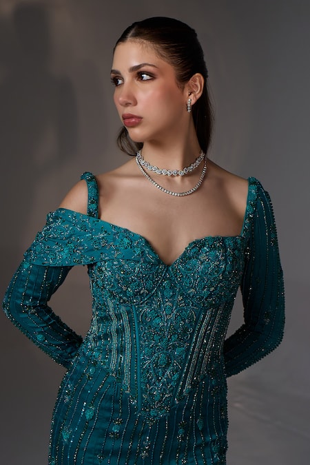 Shop_Jade By Ashima_Green Satin, Shantoon Beads, Sequins, Embroidery Sweetheart Aster Fish Cut Gown _Online_at_Aza_Fashions