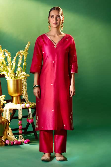 Shop Samyukta Singhania Magenta Chanderi Silk Embroidery, Metallic Thread, Gota Patti Hand Kurta Set Online at Aza Fashions Shop_Samyukta Singhania_Magenta Chanderi Silk Embroidery, Metallic Thread, Gota Patti Hand Kurta Set _Online_at_Aza_Fashions