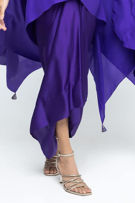 SOBARIKO_Purple Modal, Satin Round Neck Trisha Silk Cape And Skirt Set _Online_at_Aza_Fashions