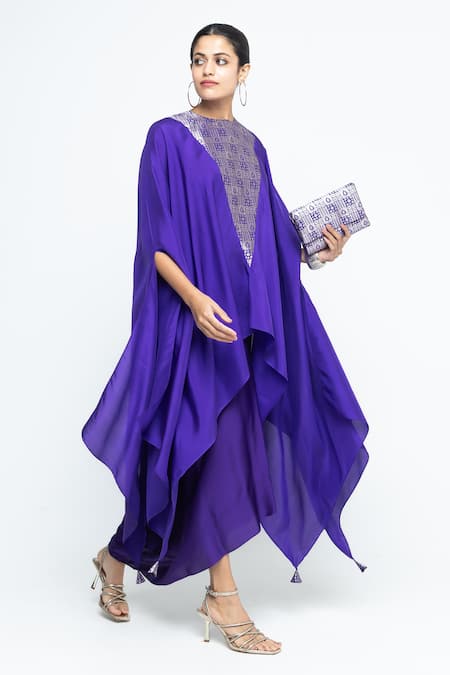 Shop_SOBARIKO_Purple Modal, Satin Round Neck Trisha Silk Cape And Skirt Set _Online_at_Aza_Fashions
