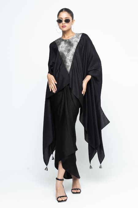 SOBARIKO_Black Modal, Satin Round Neck Trisha Silk Cape And Skirt Set _Online_at_Aza_Fashions