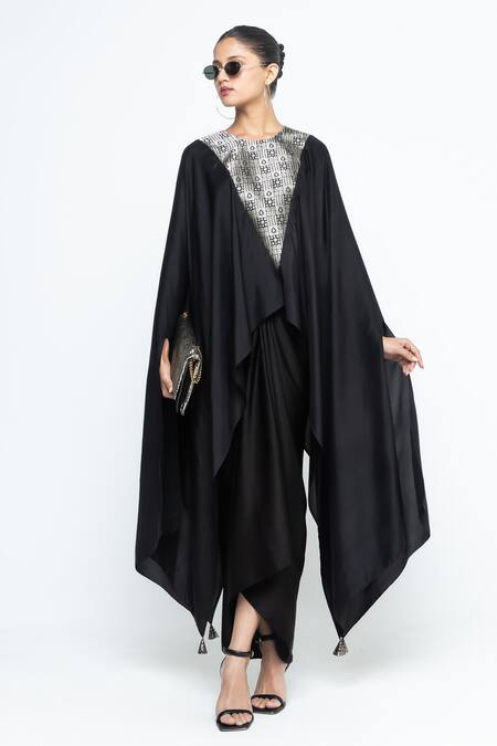 Buy_SOBARIKO_Black Modal, Satin Round Neck Trisha Silk Cape And Skirt Set _Online_at_Aza_Fashions