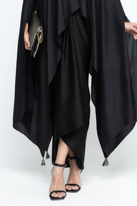 Shop_SOBARIKO_Black Modal, Satin Round Neck Trisha Silk Cape And Skirt Set _Online_at_Aza_Fashions
