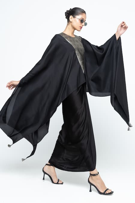 SOBARIKO_Black Modal, Satin Round Neck Trisha Silk Cape And Skirt Set _at_Aza_Fashions
