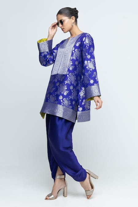 Shop SOBARIKO Blue Silk, Modal, Satin Zari Split Gul Floral Brocade Kurta With Dhoti Pant Online at Aza Fashions Shop_SOBARIKO_Blue Silk, Modal, Satin Zari Split Gul Floral Brocade Kurta With Dhoti Pant _Online_at_Aza_Fashions