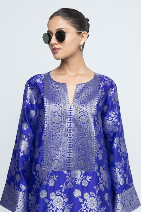 SOBARIKO Blue Silk, Modal, Satin Zari Split Gul Floral Brocade Kurta With Dhoti Pant at Aza Fashions SOBARIKO_Blue Silk, Modal, Satin Zari Split Gul Floral Brocade Kurta With Dhoti Pant _at_Aza_Fashions