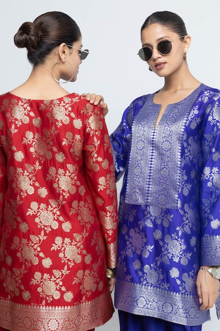 Buy SOBARIKO Red Silk, Modal, Satin Zari, Embroidery Gul Floral Brocade Kurta With Dhoti Pant Online at Aza Fashions Buy_SOBARIKO_Red Silk, Modal, Satin Zari, Embroidery Gul Floral Brocade Kurta With Dhoti Pant _Online_at_Aza_Fashions