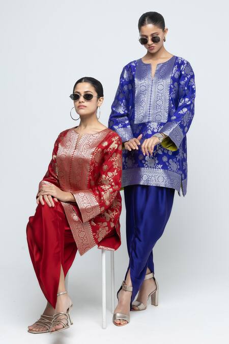 Shop SOBARIKO Red Silk, Modal, Satin Zari, Embroidery Gul Floral Brocade Kurta With Dhoti Pant Online at Aza Fashions Shop_SOBARIKO_Red Silk, Modal, Satin Zari, Embroidery Gul Floral Brocade Kurta With Dhoti Pant _Online_at_Aza_Fashions