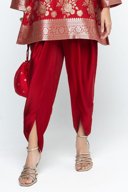 SOBARIKO Red Silk, Modal, Satin Zari, Embroidery Gul Floral Brocade Kurta With Dhoti Pant at Aza Fashions SOBARIKO_Red Silk, Modal, Satin Zari, Embroidery Gul Floral Brocade Kurta With Dhoti Pant _at_Aza_Fashions