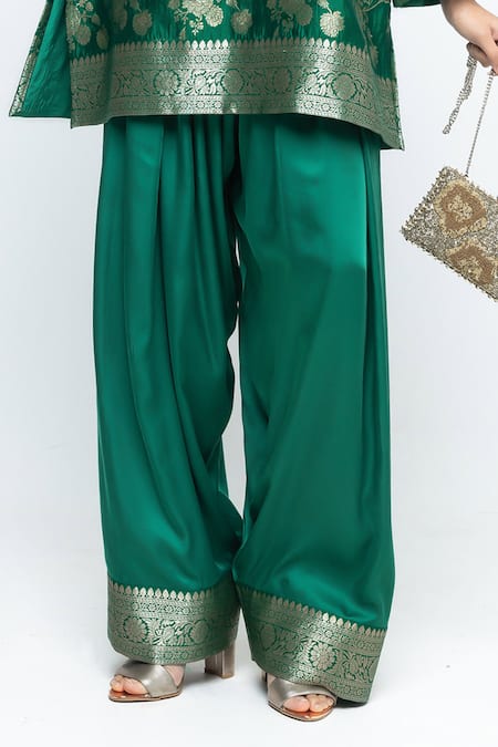 Shop_SOBARIKO_Green Silk Zari, Embroidery Split Gul Floral Brocade Kurta With Farshi Salwar _Online_at_Aza_Fashions