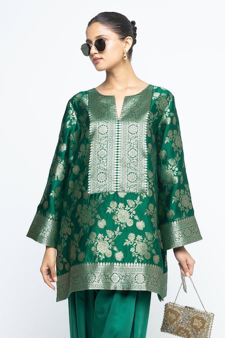 SOBARIKO_Green Silk Zari, Embroidery Split Gul Floral Brocade Kurta With Farshi Salwar _at_Aza_Fashions