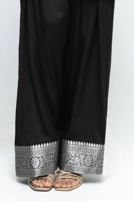 SOBARIKO_Black Silk Zari Split V-neck Gul Floral Brocade Kurta With Farshi Salwar _Online_at_Aza_Fashions