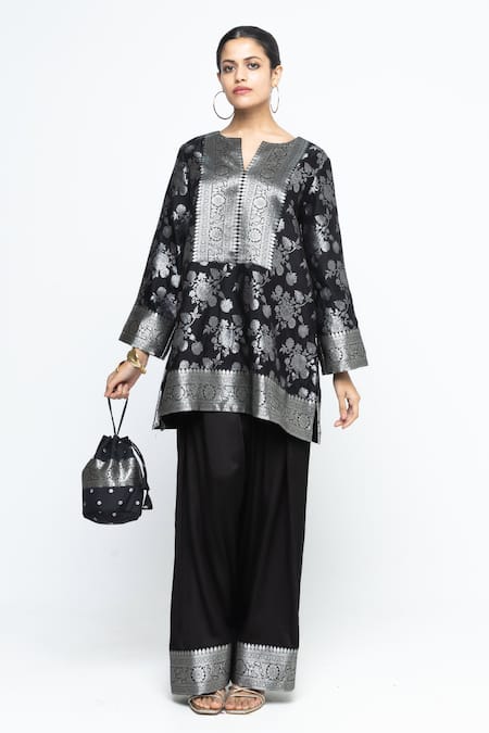 Shop_SOBARIKO_Black Silk Zari Split V-neck Gul Floral Brocade Kurta With Farshi Salwar _Online_at_Aza_Fashions