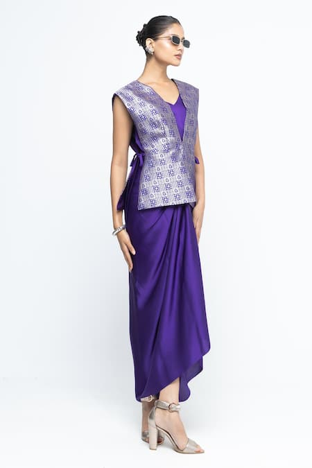 Buy SOBARIKO Purple Silk V-neck Alia Brocade Gilet Jacket With Asymmetric Dress Online at Aza Fashions Buy_SOBARIKO_Purple Silk V-neck Alia Brocade Gilet Jacket With Asymmetric Dress _Online_at_Aza_Fashions