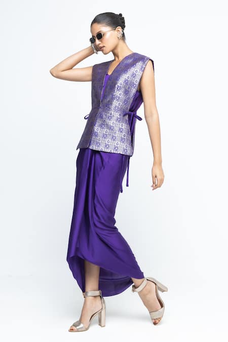 Shop SOBARIKO Purple Silk V-neck Alia Brocade Gilet Jacket With Asymmetric Dress Online at Aza Fashions Shop_SOBARIKO_Purple Silk V-neck Alia Brocade Gilet Jacket With Asymmetric Dress _Online_at_Aza_Fashions