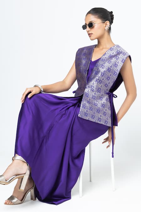 SOBARIKO Purple Silk V-neck Alia Brocade Gilet Jacket With Asymmetric Dress at Aza Fashions SOBARIKO_Purple Silk V-neck Alia Brocade Gilet Jacket With Asymmetric Dress _at_Aza_Fashions