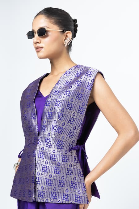 Buy SOBARIKO Purple Silk V-neck Alia Brocade Gilet Jacket With Asymmetric Dress Buy_SOBARIKO_Purple Silk V-neck Alia Brocade Gilet Jacket With Asymmetric Dress