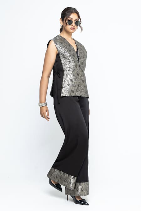 SOBARIKO Black Silk, Modal, Satin Metallic Thread V-neck Alia Gilet With Jumpsuit Online at Aza Fashions SOBARIKO_Black Silk, Modal, Satin Metallic Thread V-neck Alia Gilet With Jumpsuit _Online_at_Aza_Fashions