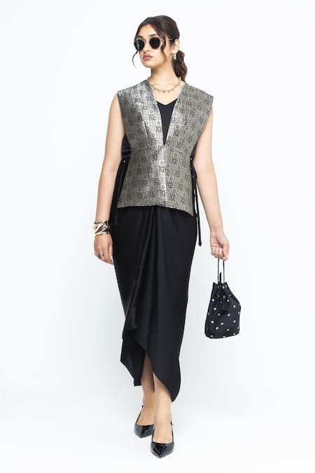 SOBARIKO_Black Silk V-neck Alia Brocade Gilet With Asymmetric Dress _Online_at_Aza_Fashions